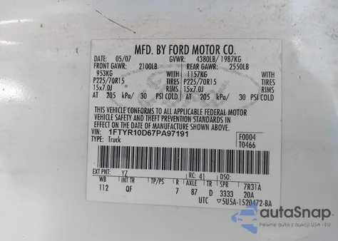 2007 Ford Ranger Stx/Xl/Xlt z USA, uszkodzony, nr VIN 1FTYR10D67PA97191